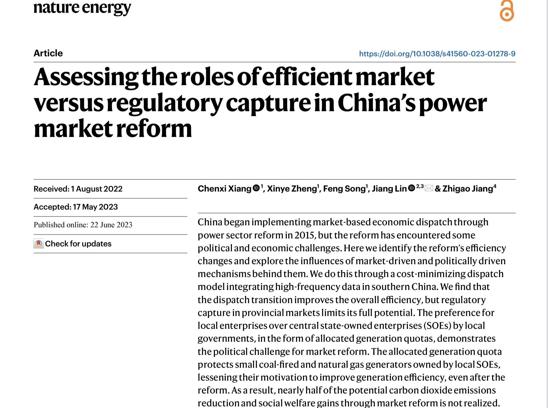 Dr. Xinye Zheng and Feng Song Publish Paper in the Nature Energy